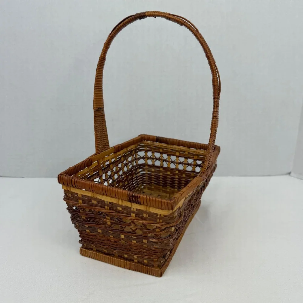 Vintage Wicker Basket Rectangular Woven Handle Brown Tan Decorative Storage